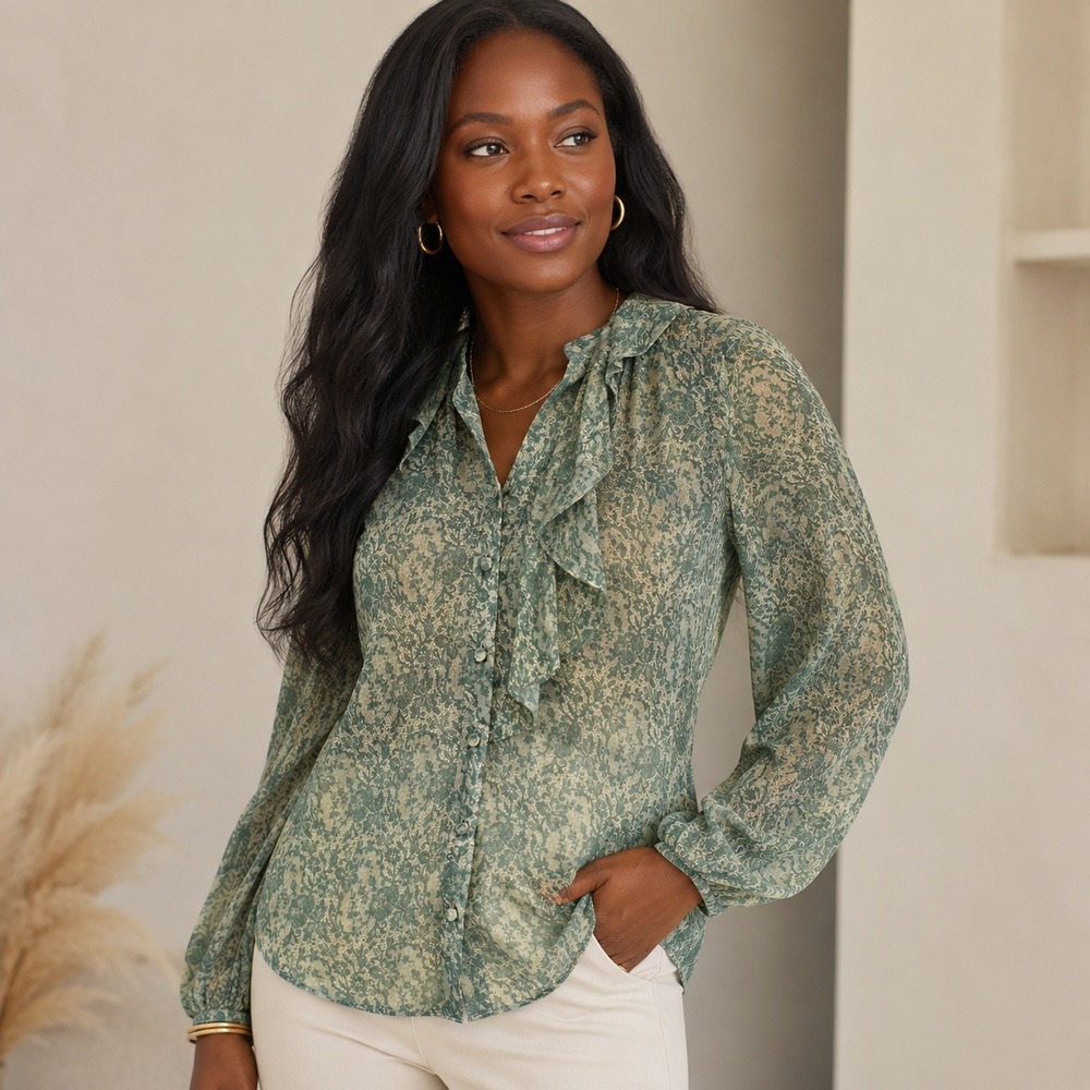 Rebecca Taylor Silk Blouse Ruffle Floral Green Womens S Button Front Lined